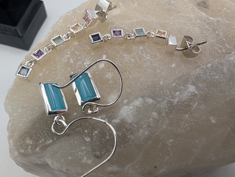 Sterling Silver 925 Blue Fish Hook & Multi Gemstone Dangle Earrings Set